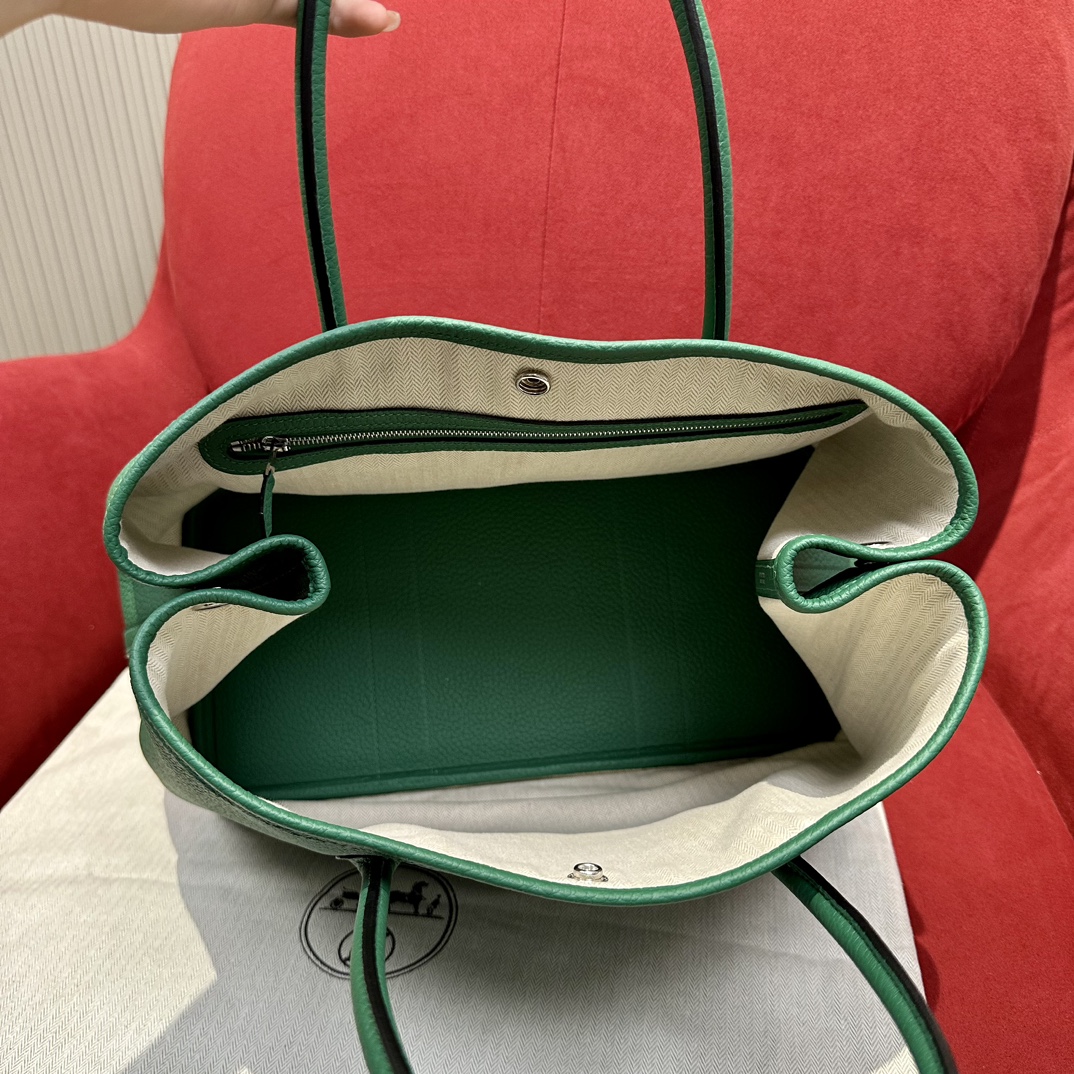 Hermes Garden Party 30cm Tote Handbag In Vert Vertigo Clemence Leather